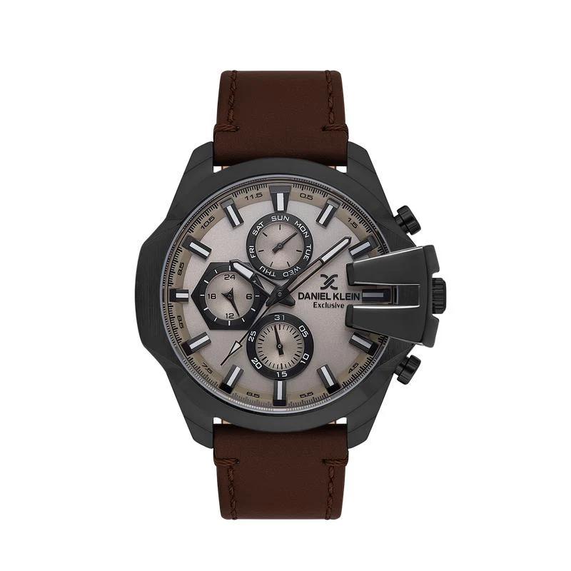 Men's Beige Face Genuine Leather Gunmetal Multifunction Watch