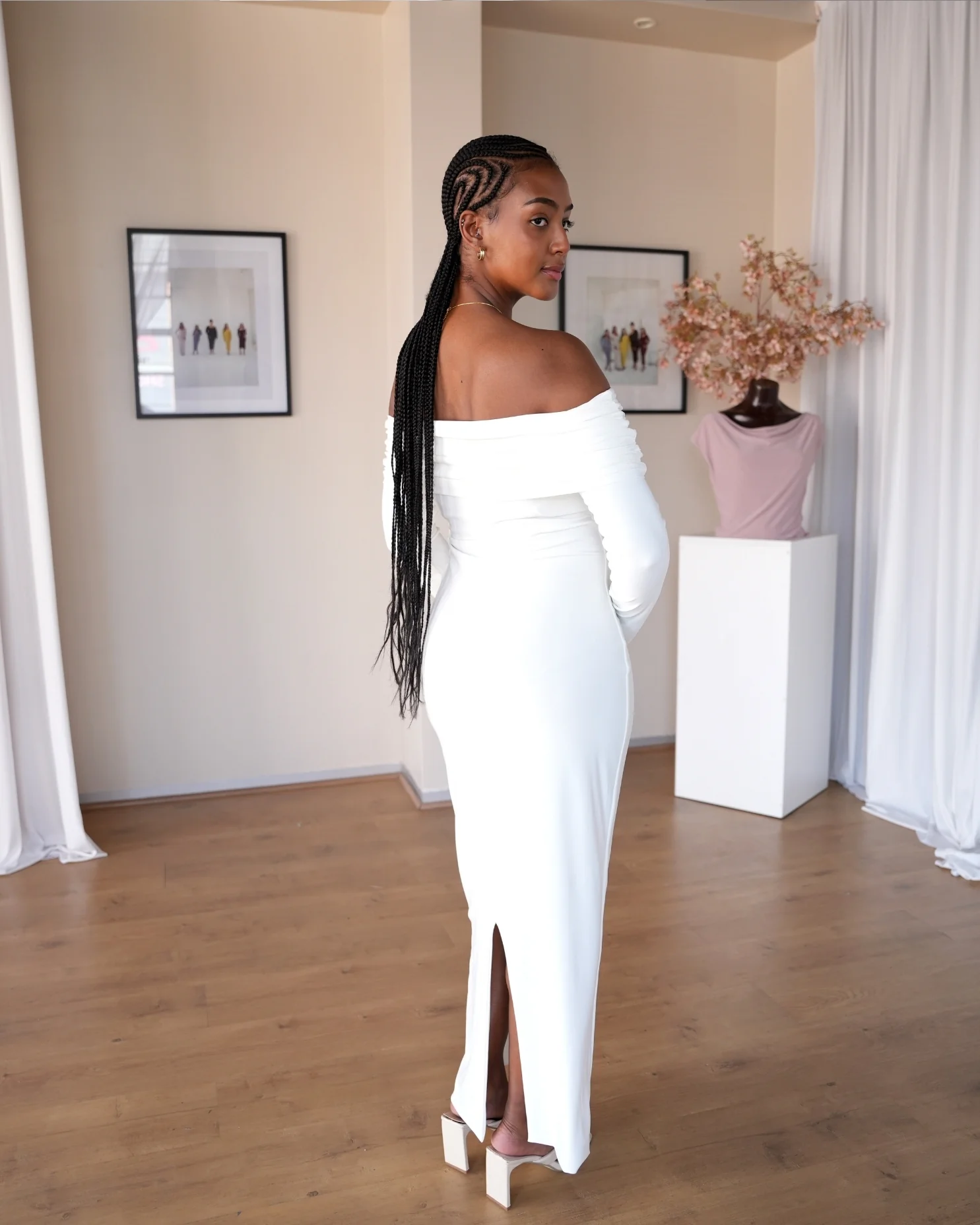 Bardot Sculpted Dress with Long Sleeves