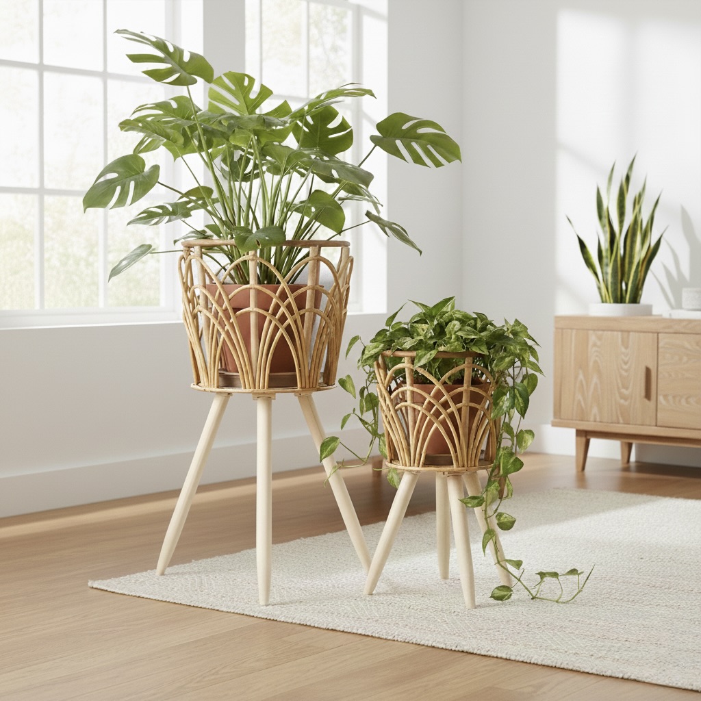 2-Piece Handwoven Rattan Flower Basket Stand Set