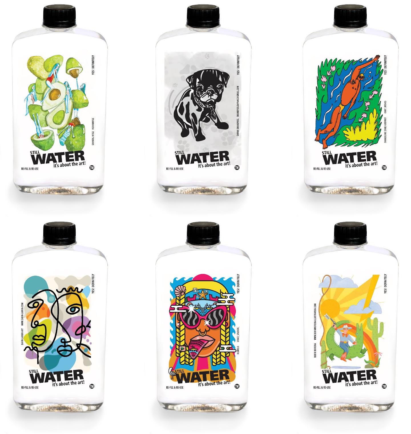 6x 500ml Re-Usable Still Water Bottles with Illustrations