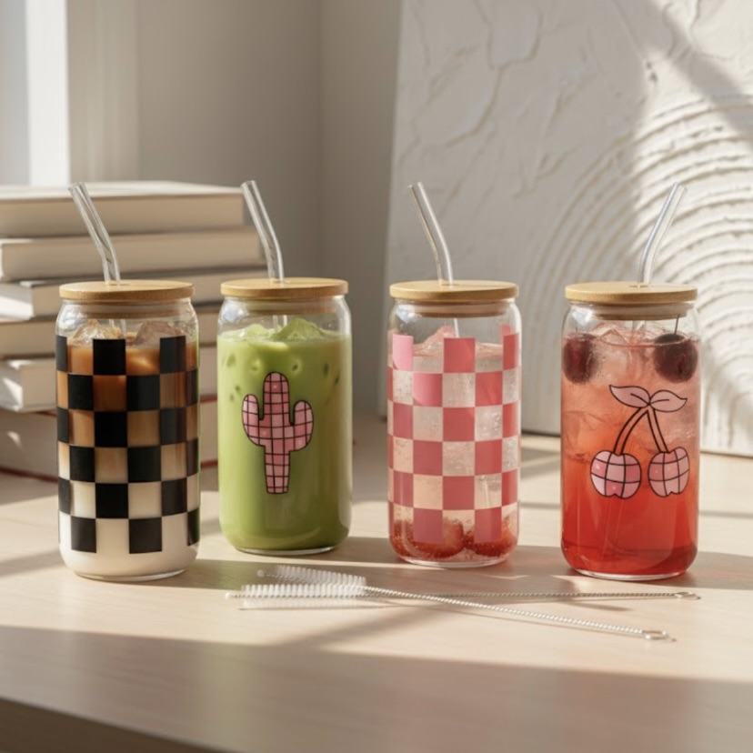 4x 420ml Nordic Glasses with Bamboo Lids and Straws