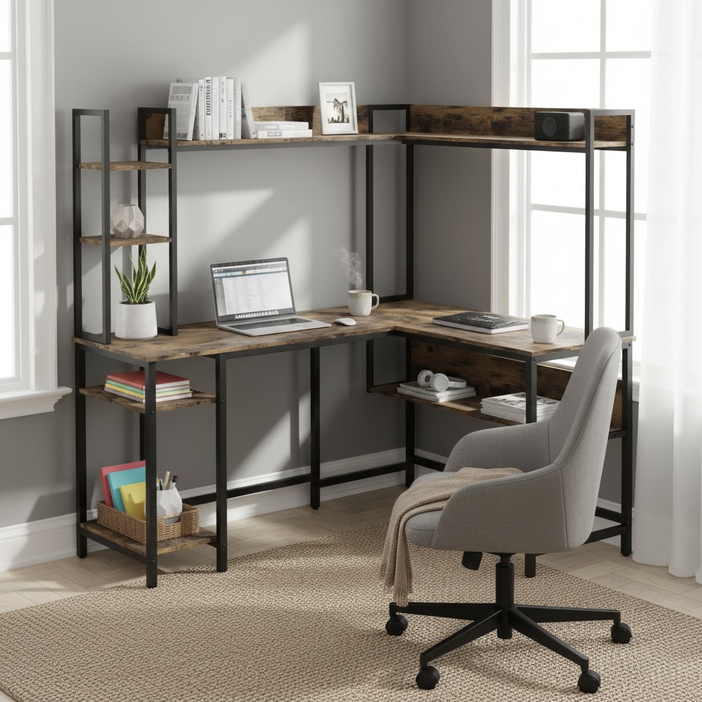 L-Shaped Wood Corner Desk with Shelves