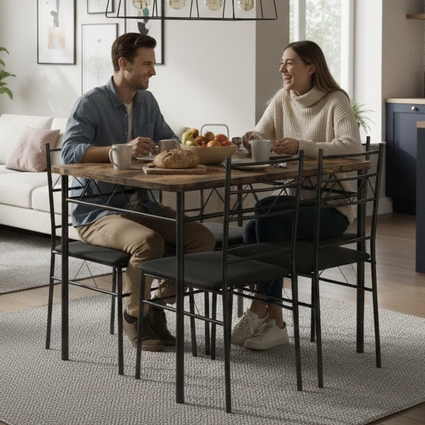 5-Piece Dining Table Set with Vintage PVC Tabletop and Padded Chairs