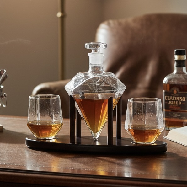 850ml Diamond Whiskey Decanter with Two Glasses and Whiskey Stones