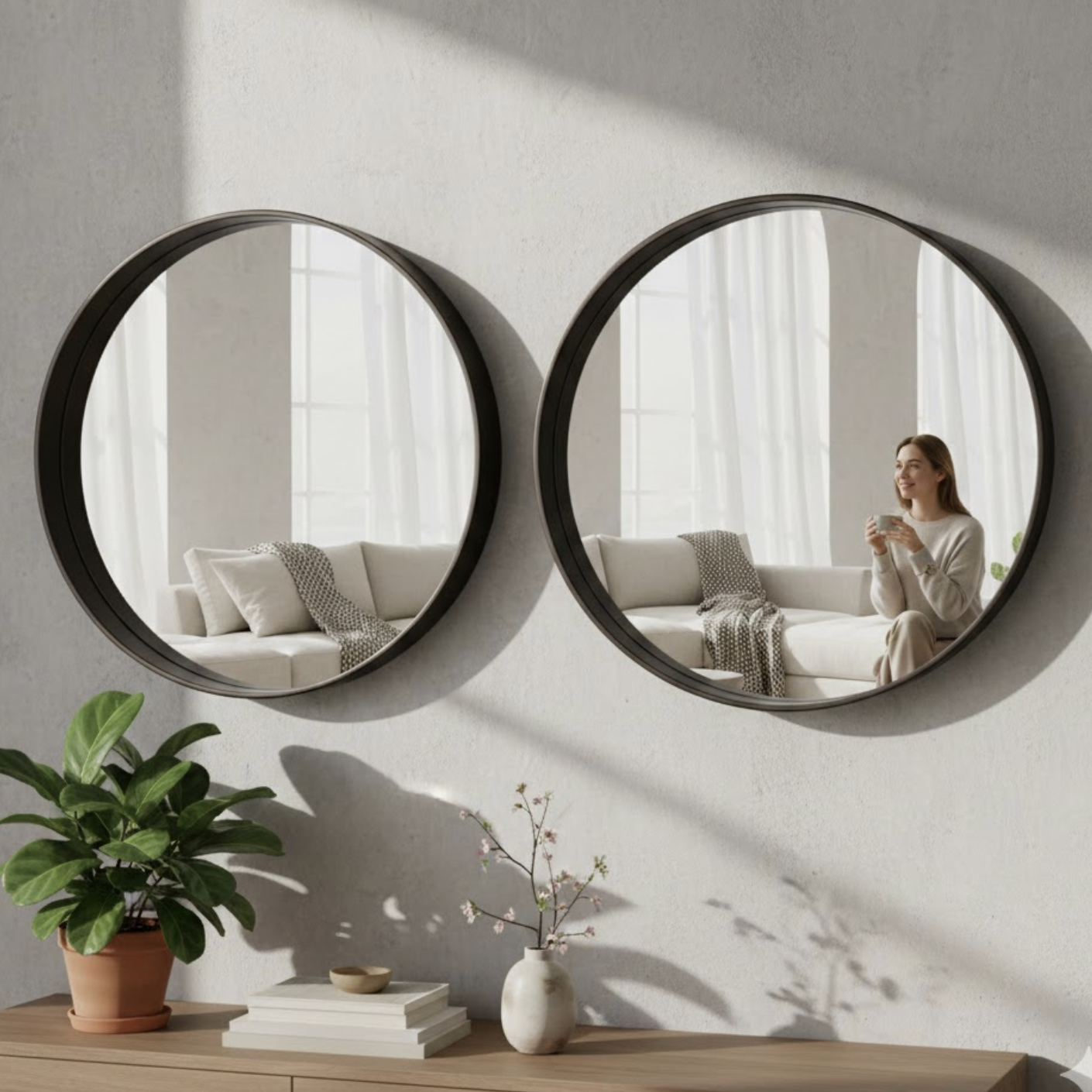 2x Deep Frame Round Mirrors