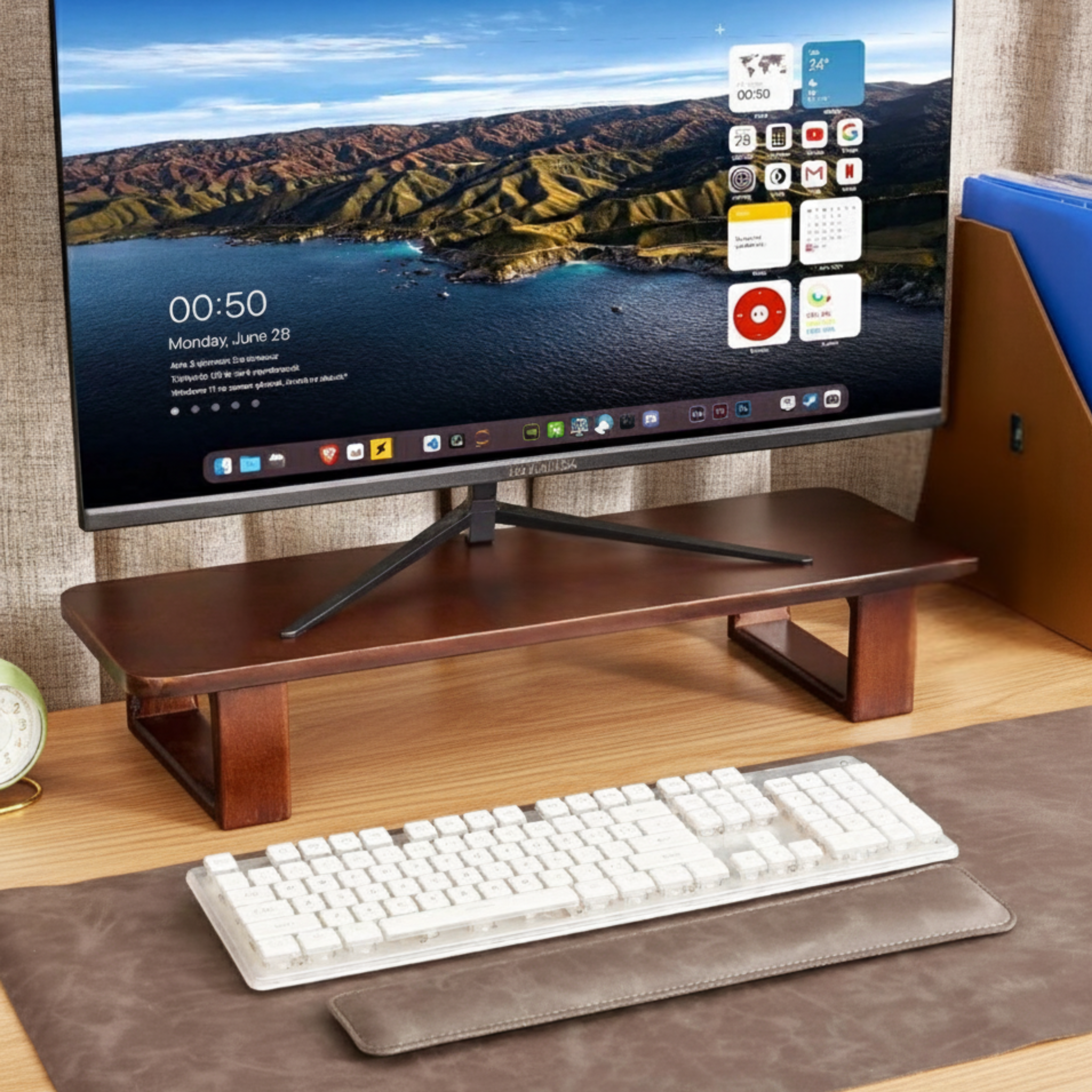 Ergonomic Rubberwood Desktop Monitor Stand