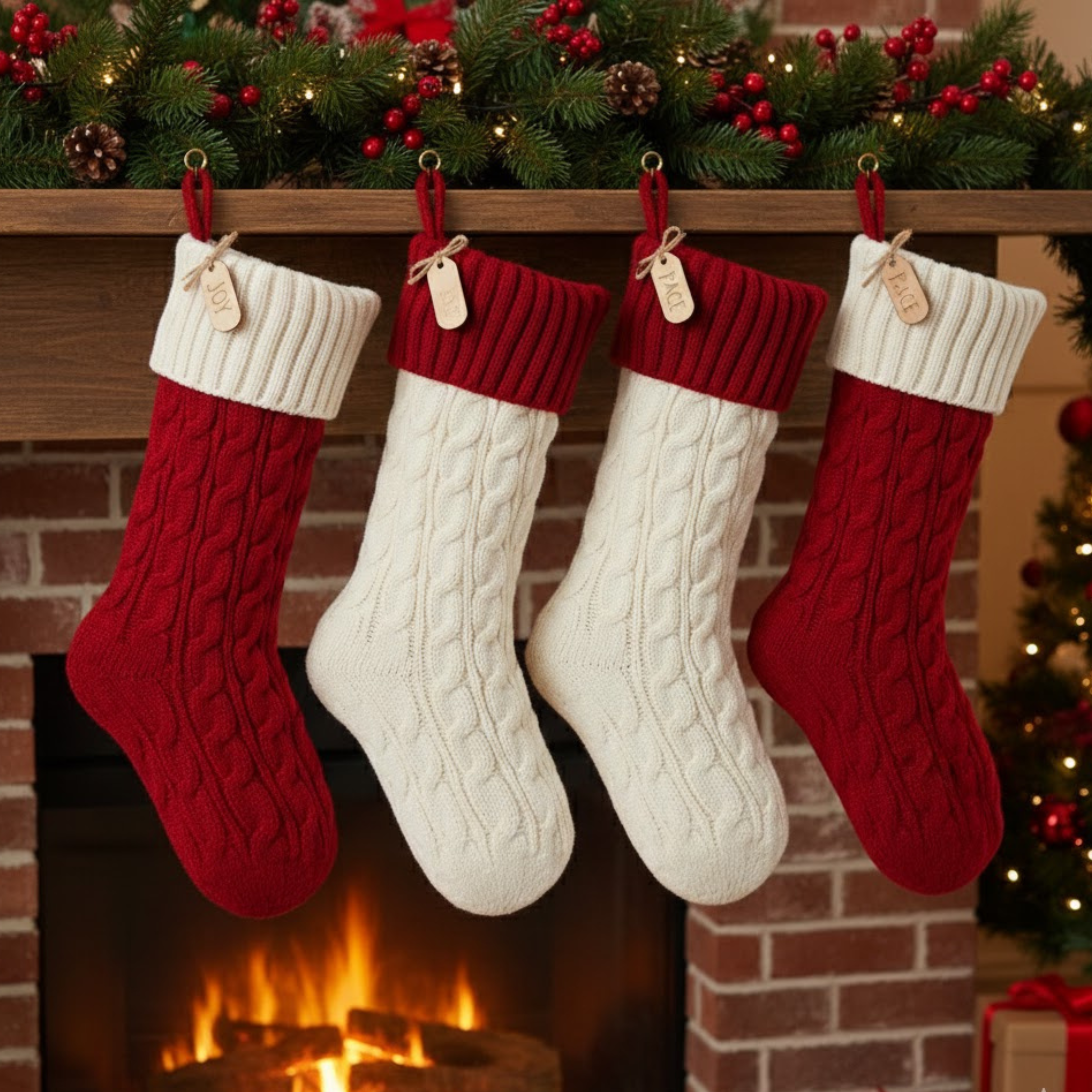 4x Knitted Hanging Christmas Stockings