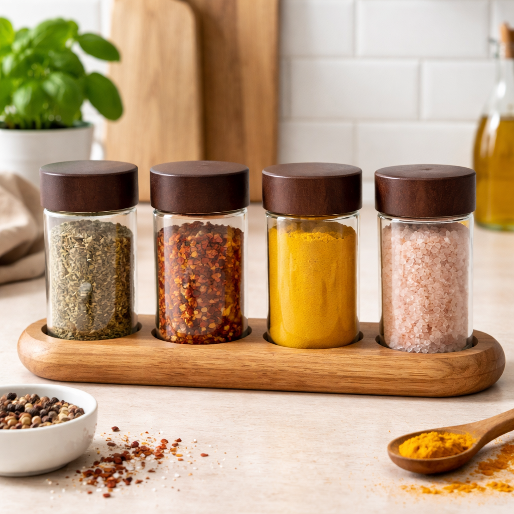 5-Piece Acacia and Glass Spice Jar Set