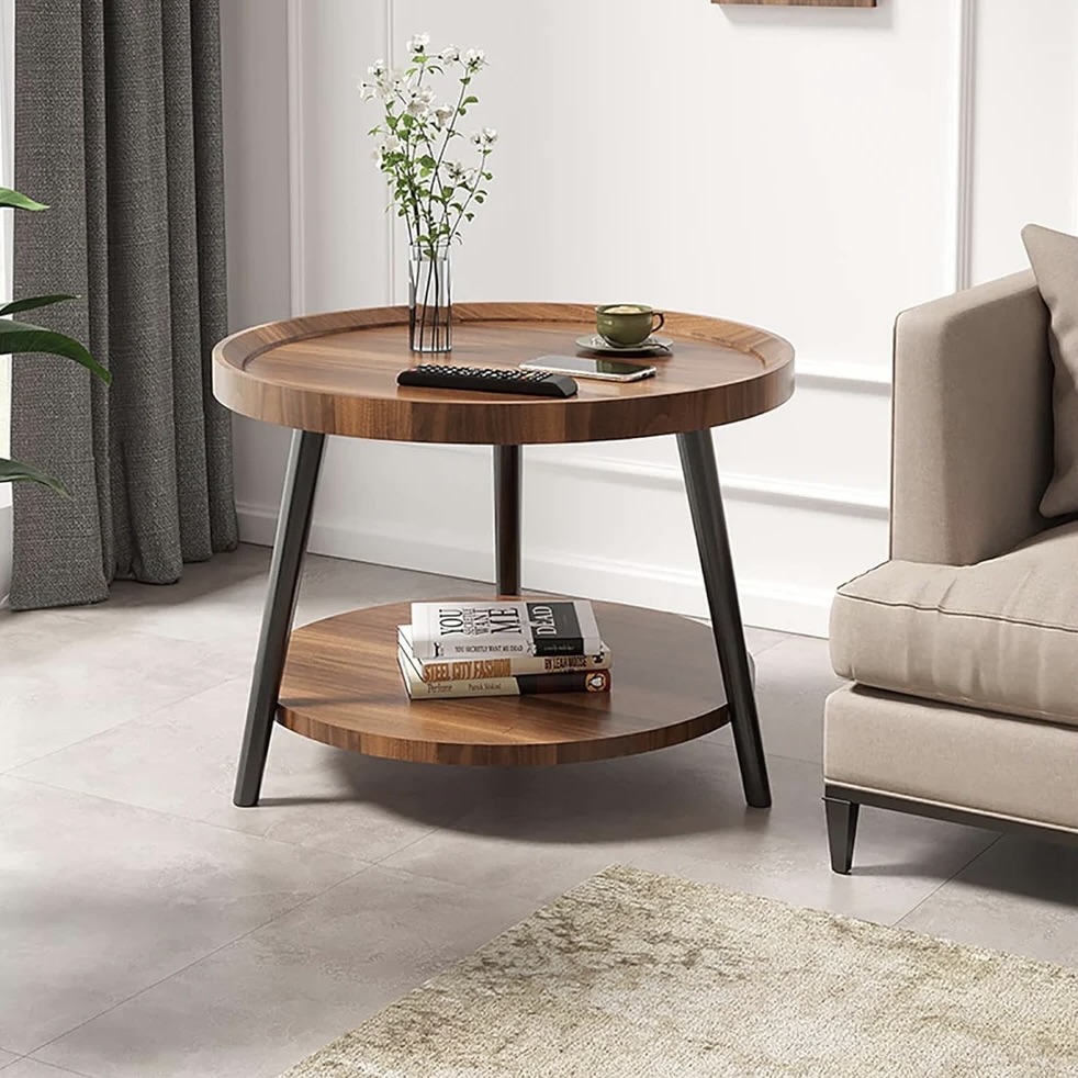 2-Tier Round Coffee Table with Carbon Steel Legs