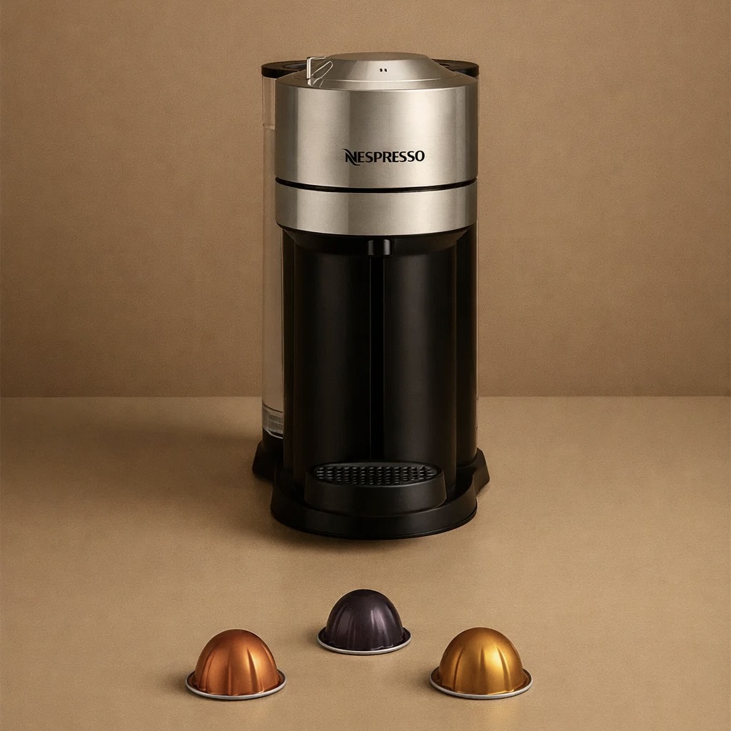 Vertuo Next Chrome Coffee Machine with Barista Recipe Glass
