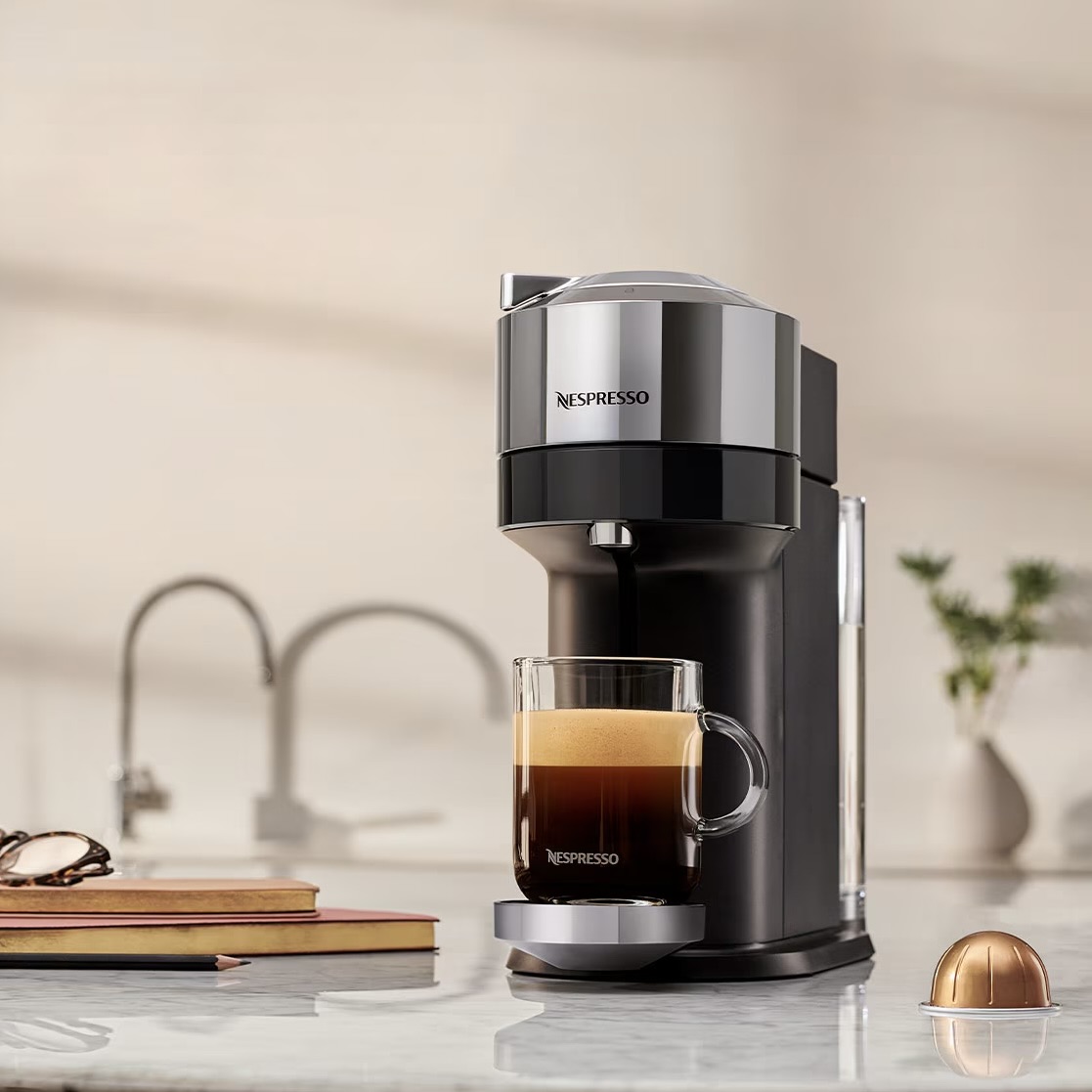 Vertuo Next Chrome Coffee Machine with Barista Recipe Glass