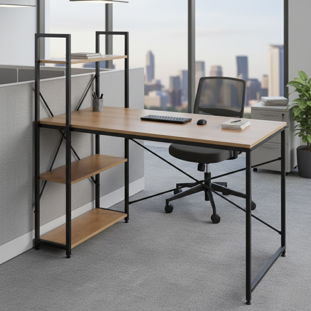 Industrial Office Desk with Storage Shelves