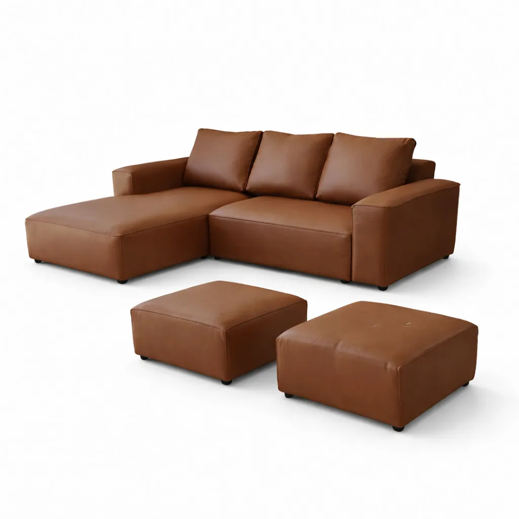 Sicily Leather L-Shape Couch with 2x Ottomans