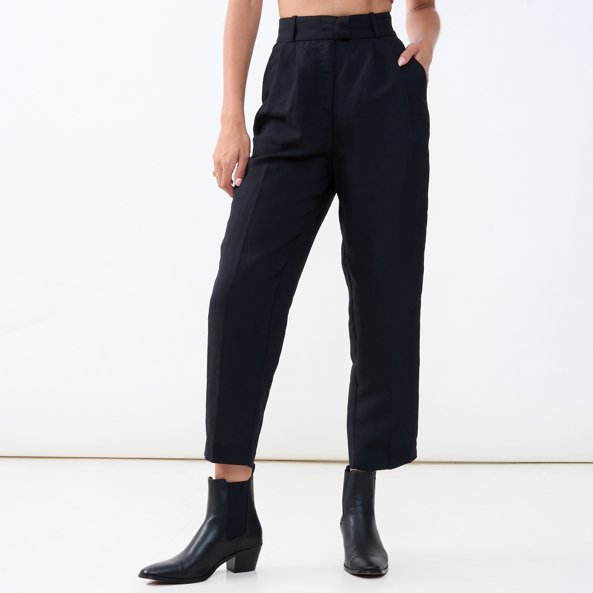 Ladies Pleated High-Waist Tapered Trousers
