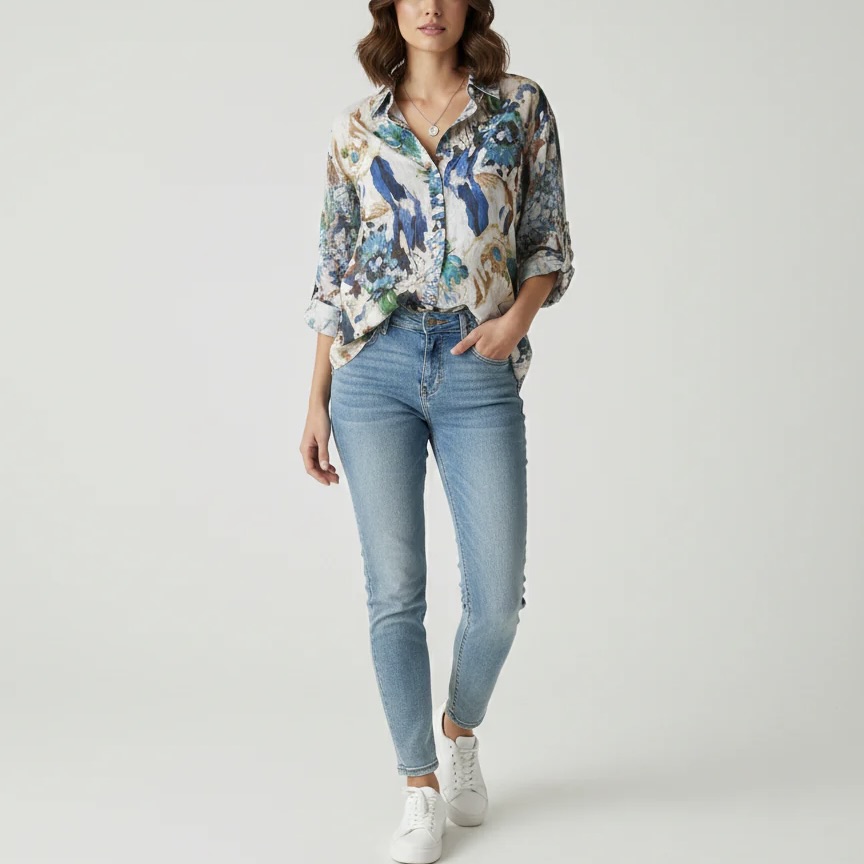 Ladies Floral Linen Button-Up Shirt
