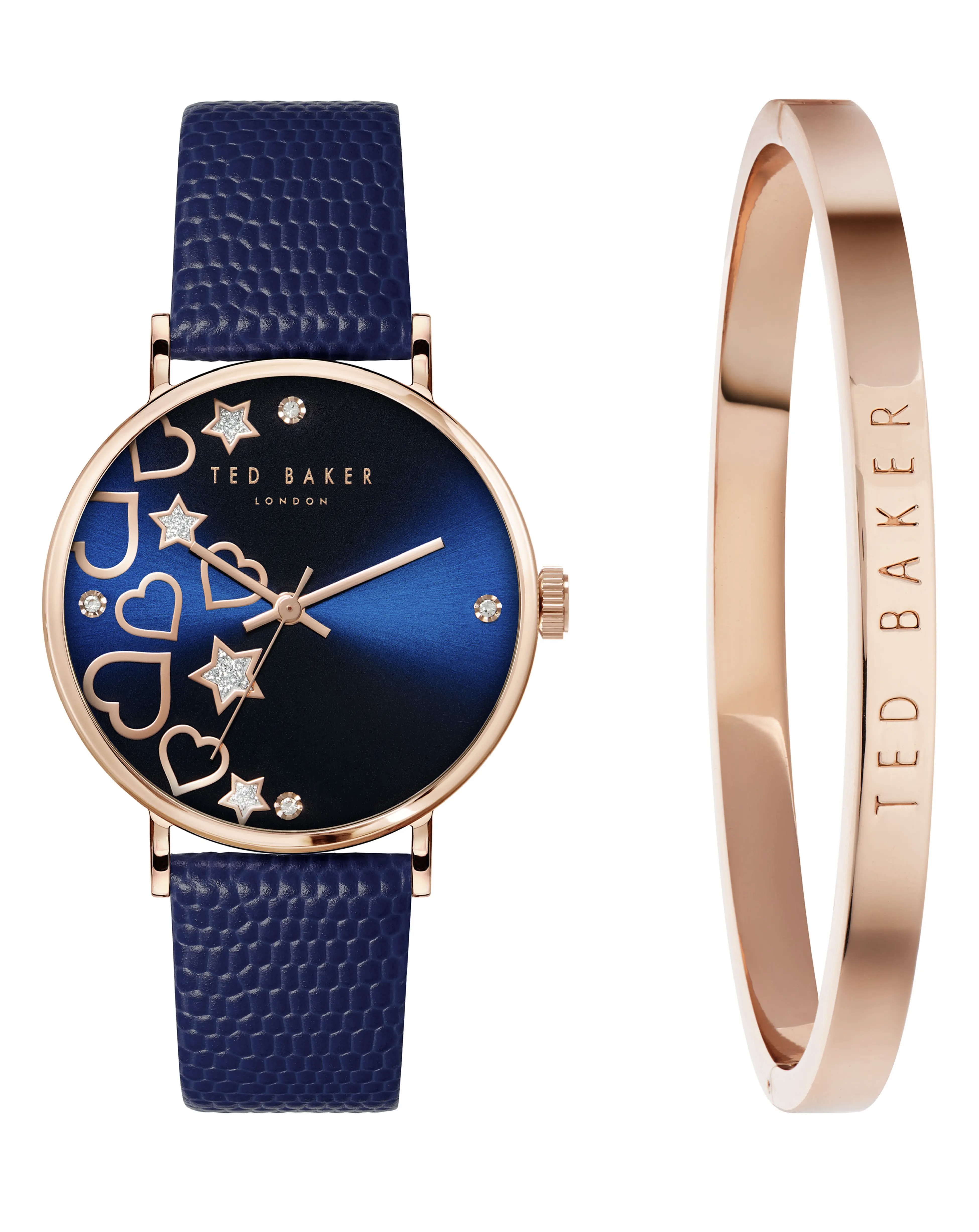 Ladies Blue Sunray Quartz Watch and Rose Gold Bracelet Set
