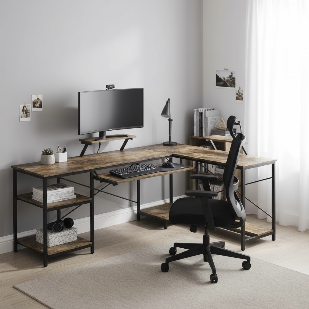 Interchangeable Vintage L-Shape Desk with Monitor Shelf