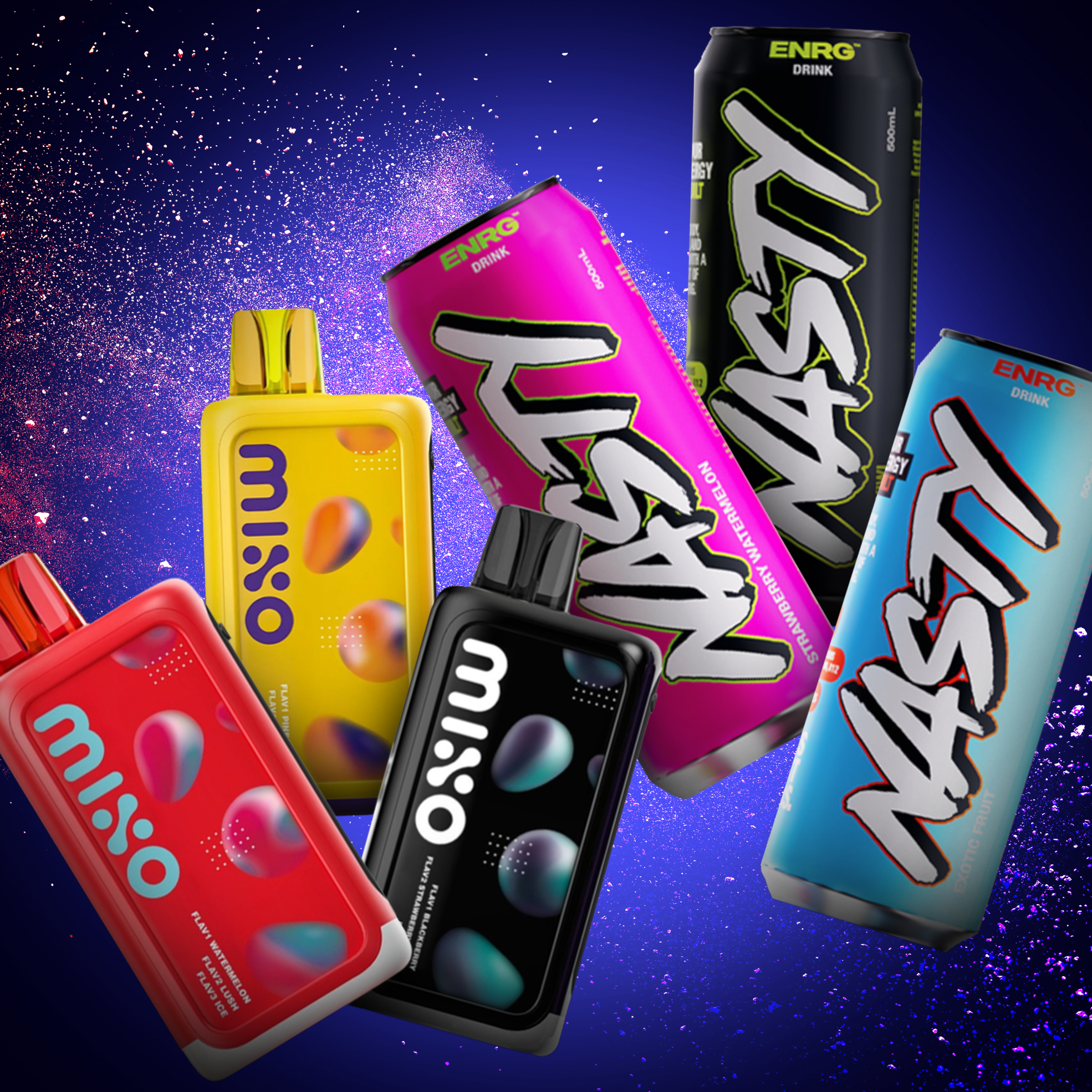 3x 40000 Puff Mixo Disposable Vapes with 3x Nasty Energy Drinks