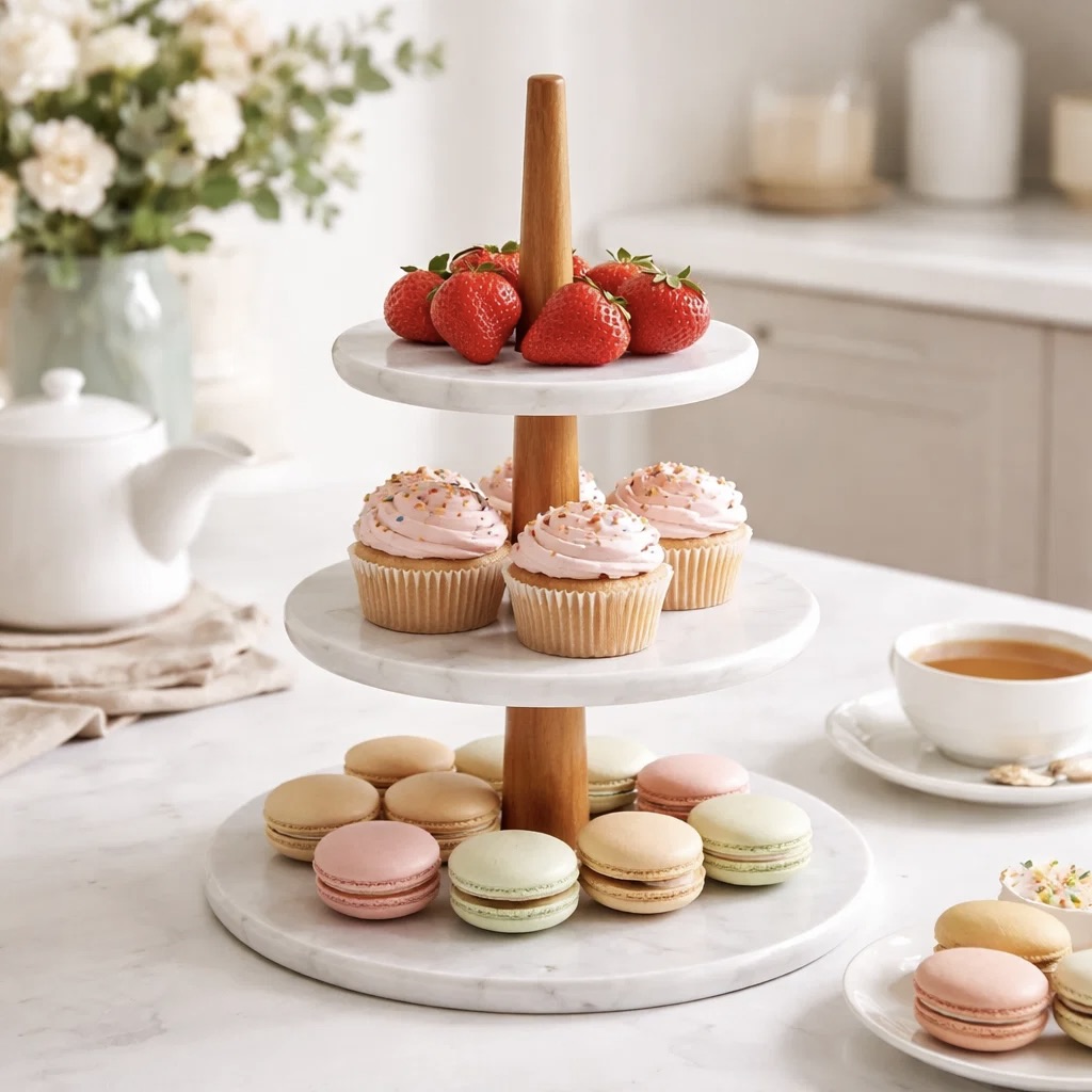 52% off on 3-Tier Marble and Acacia Cake Stand | OneDayOnly