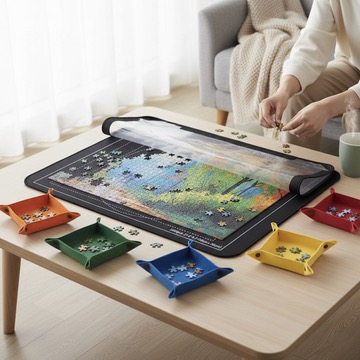 Portable Puzzle Mat with Cover and Sorting Trays