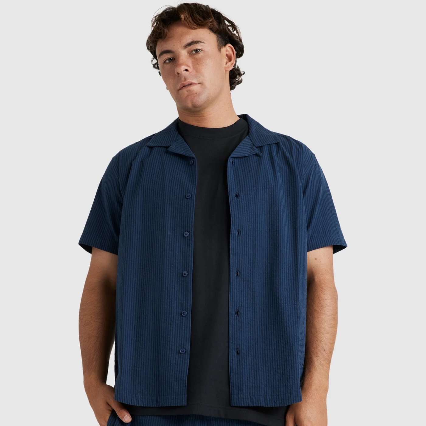 Men's Petrol Seered Striped Cotton Short Sleeve Shirt