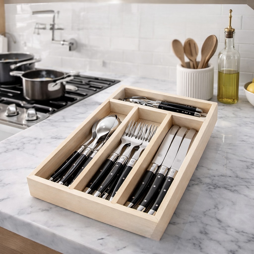 16-Piece Black Cutlery Set in Wooden Box