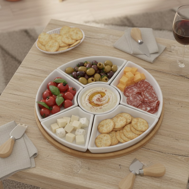 Round Bamboo Snack Platter with Ceramic Dishes