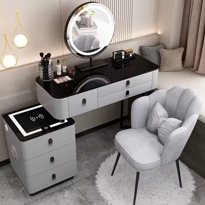 3-in-1 Modern Dressing Table with LED Mirror, Stylish Chair, Built-In Bluetooth Speaker and Charging Station