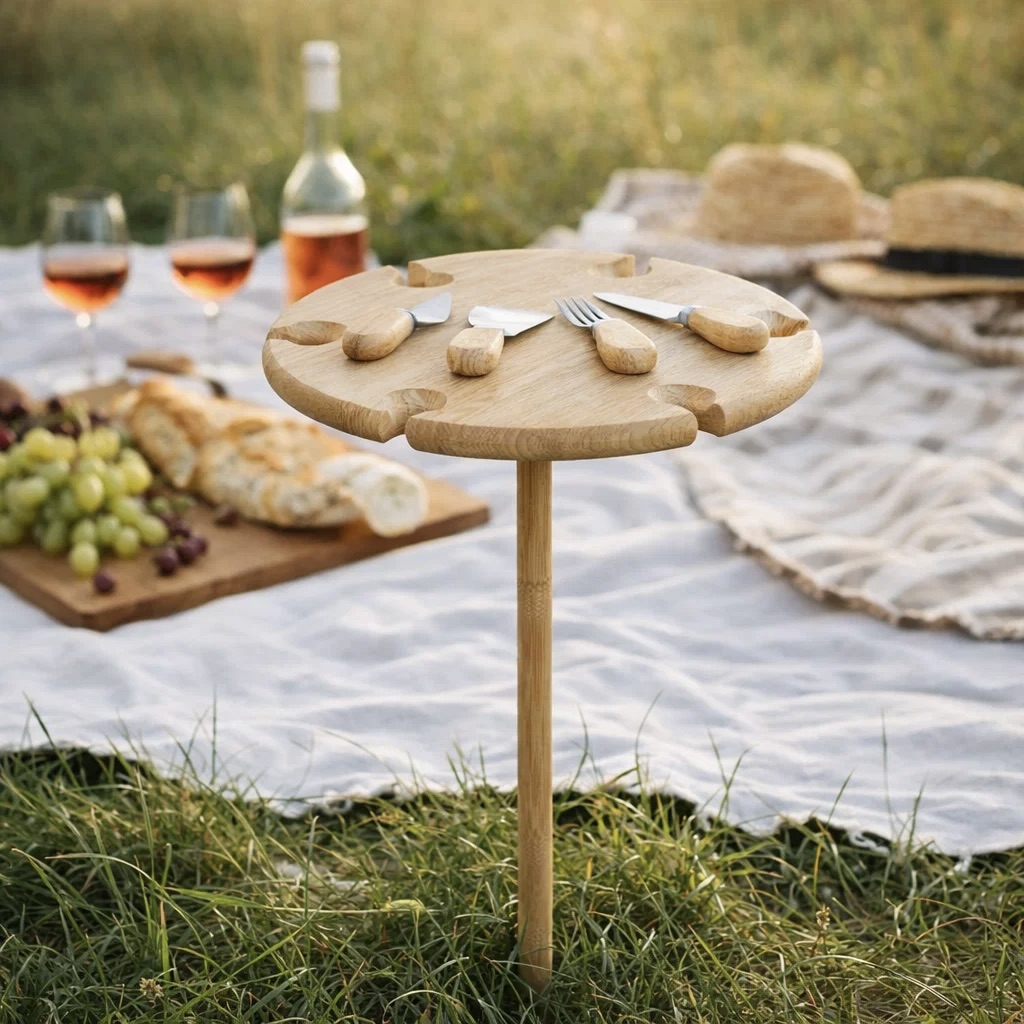 Collapsible Bamboo Picnic Stand with Cheese Knives