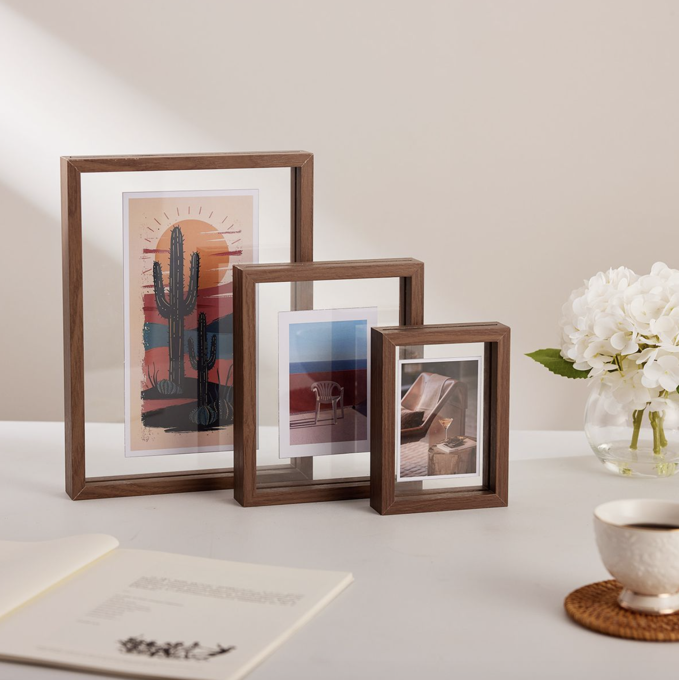 2x Wooden Double-Sided Glass Picture Frames
