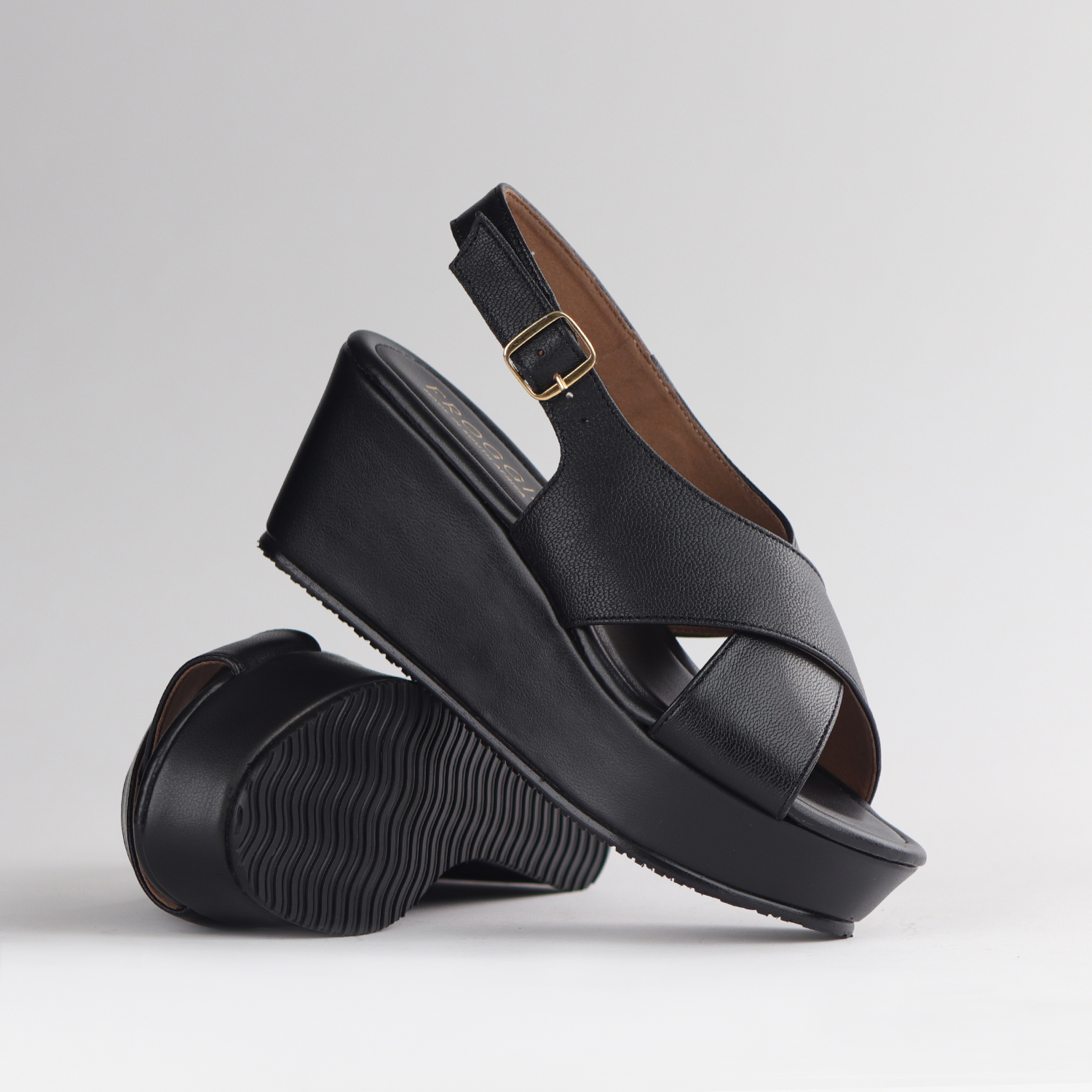 Ladies Black Genuine Leather Platform Wedge Sandals