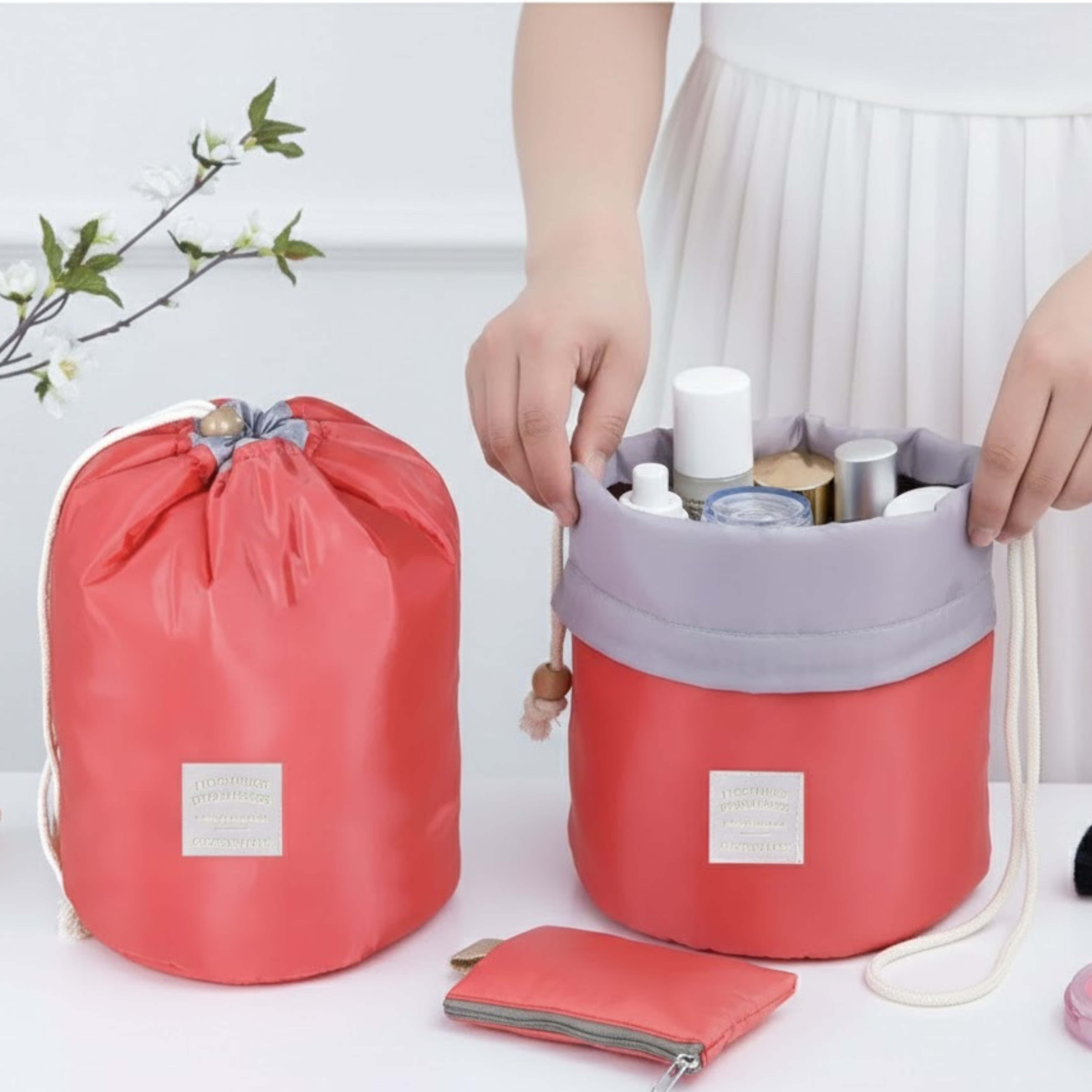 2x Waterproof Drawstring Travel Barrel Cosmetic Organisers