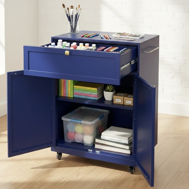 Multi-Functional Island Side Table with Wheels and Adjustable Shelves