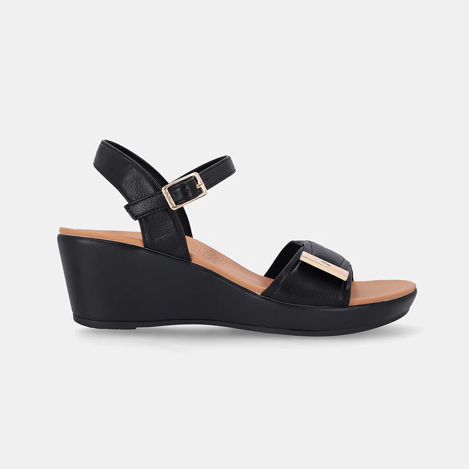 Ladies Black Cadynn Double Strap Slip-on Wedges