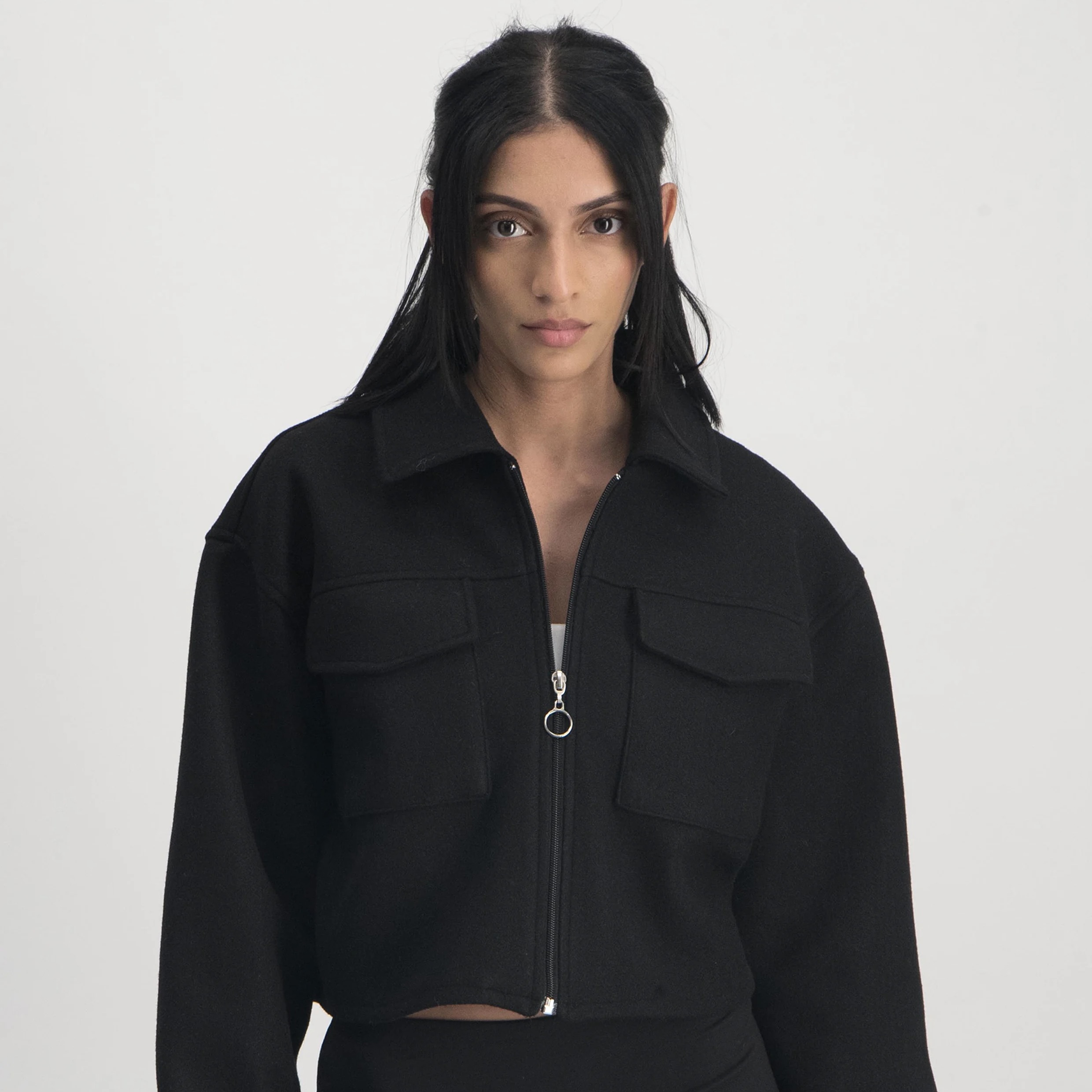 Ladies Cropped Melton Shacket with Zip