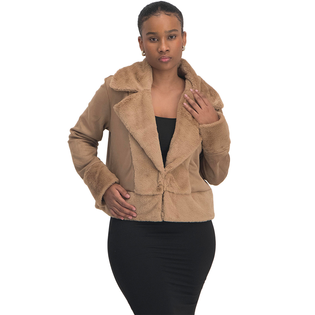 Ladies Mocha Cropped Suede Jacket with Fur Trim