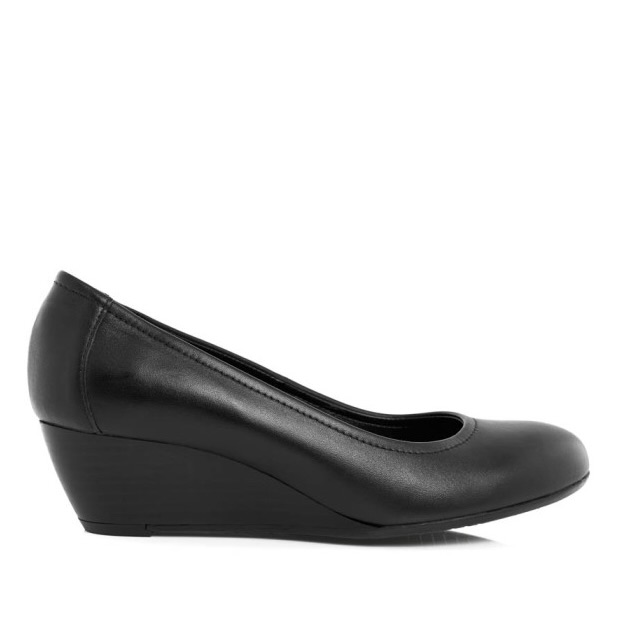 Ladies Black Genuine Leather Medium Wedge Court Shoes