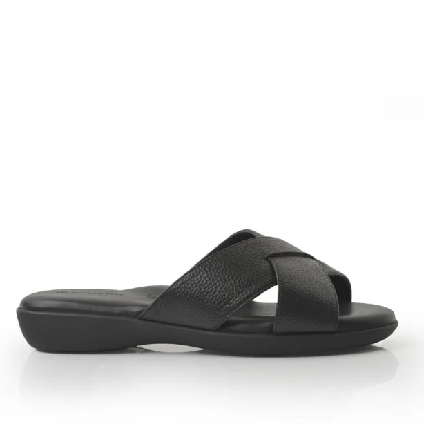 Ladies Black Genuine Leather Flat Cross Over Sandals