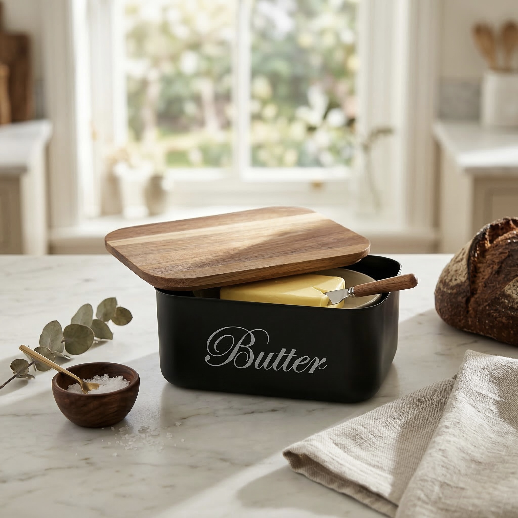 Stainless Steel Butter Dish with Wooden Lid