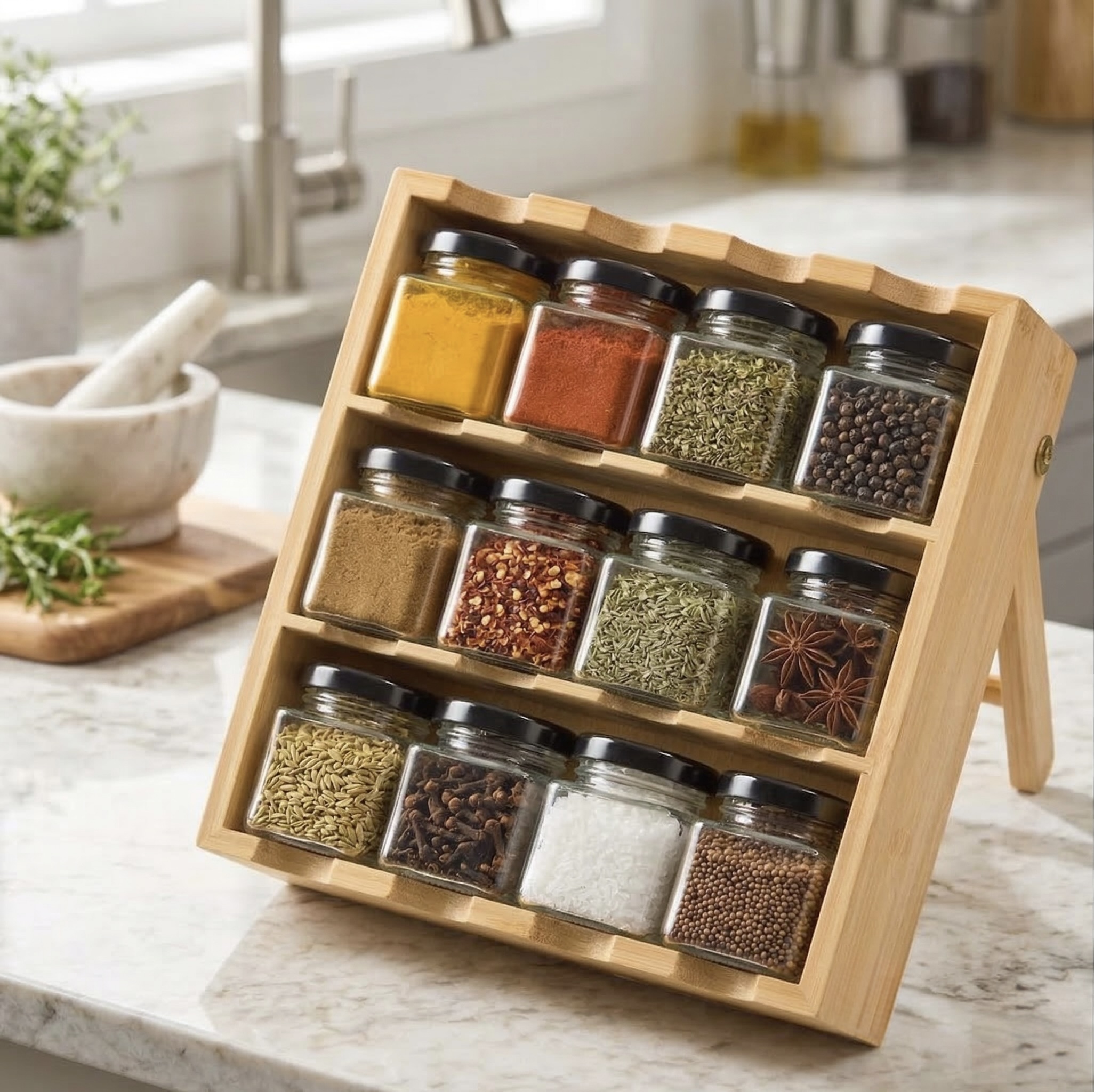 30-Piece Multi-Functional Bamboo Spice Rack with Foldable Stand