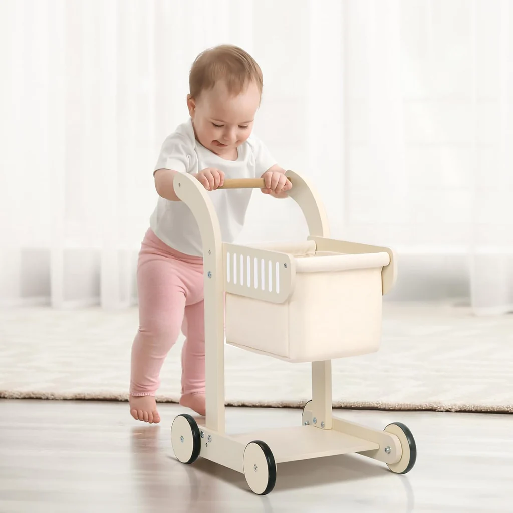 2-in-1 Wooden Shopping Cart and Baby Walker