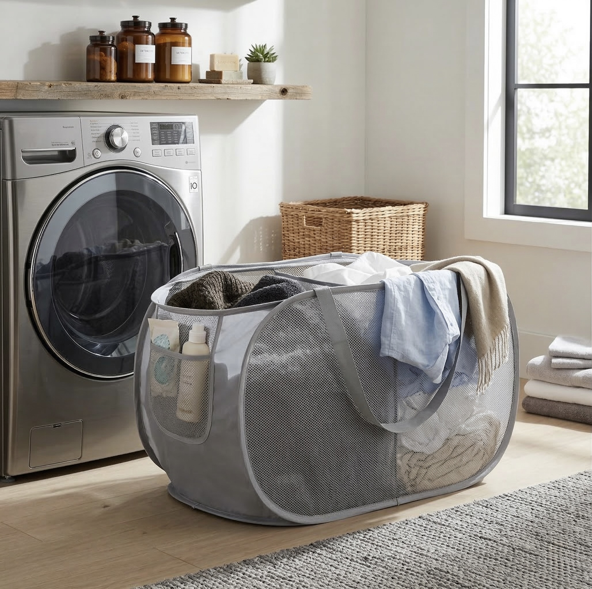 Dual-Compartment Collapsible Mesh Laundry Basket
