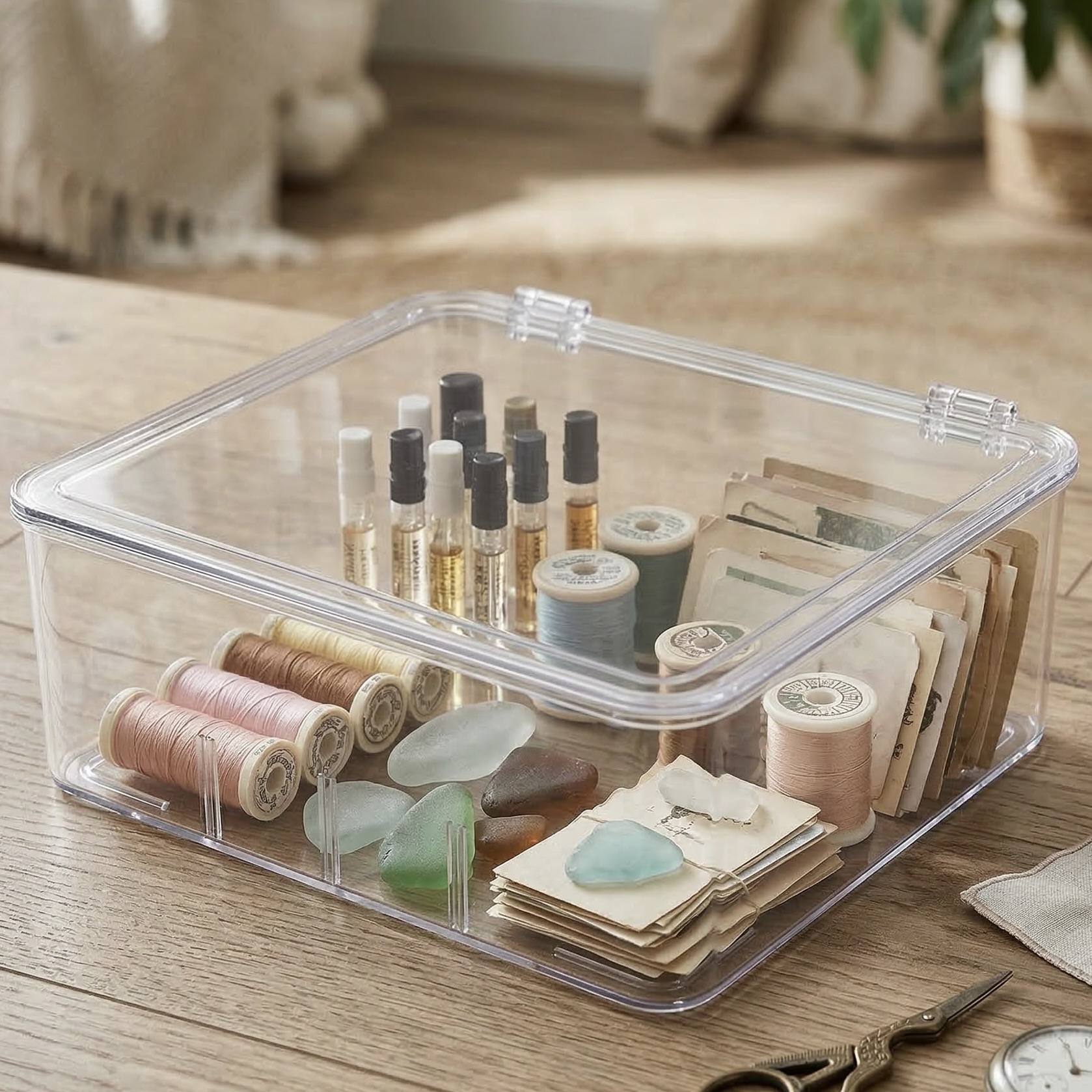 Multi-Functional Storage Container with Hinged Lid