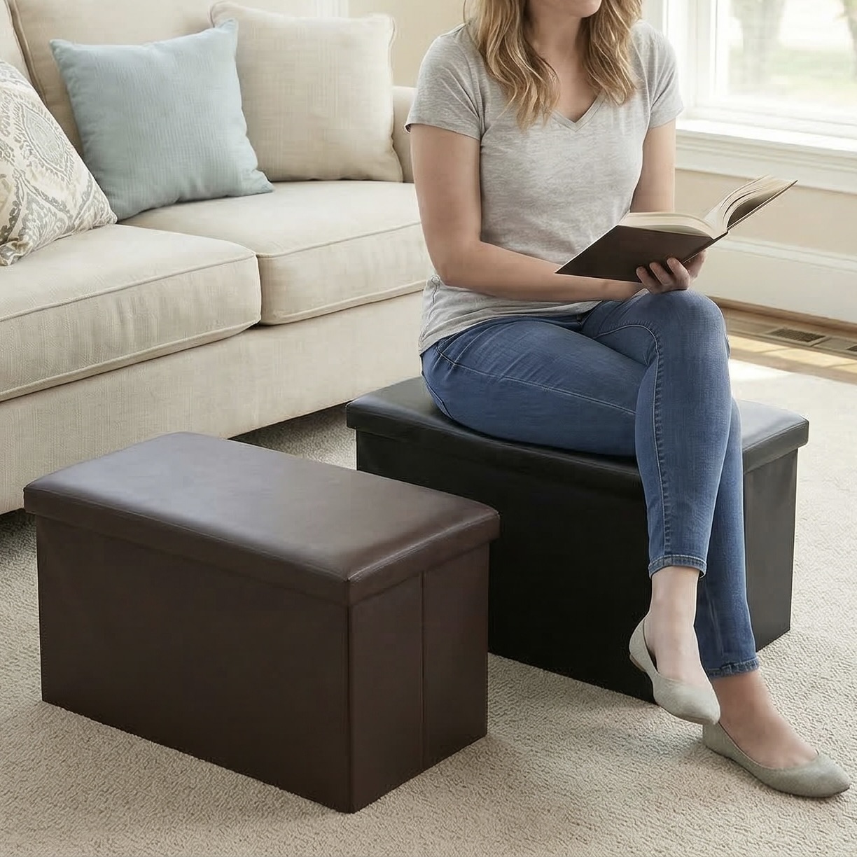 Collapsible PU Leather Storage Ottoman