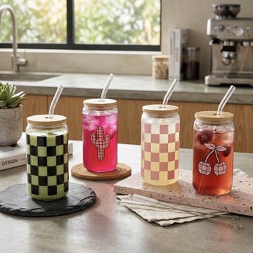 4x 420ml Nordic Glasses with Bamboo Lids and Straws