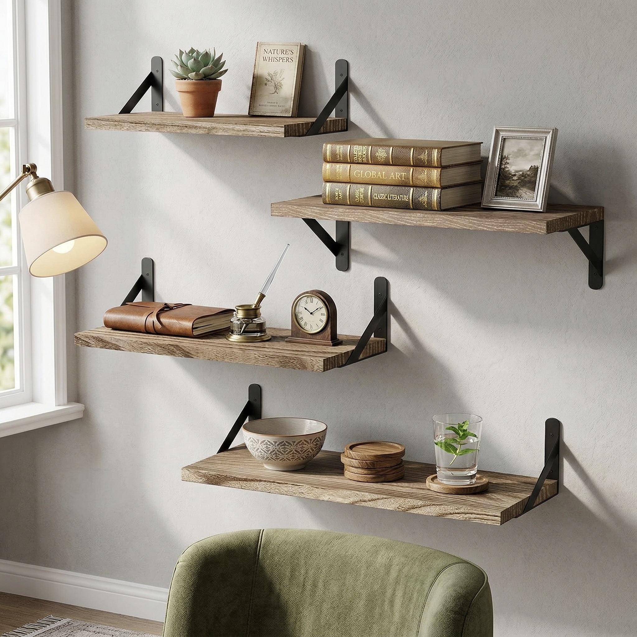 4-Piece Rustic Wooden Floating Shelves