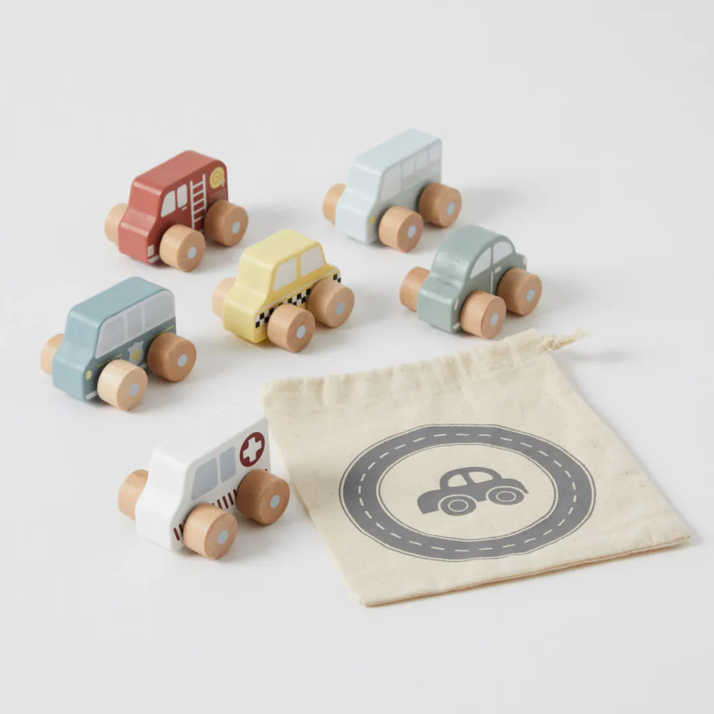 6-Piece Wooden Vehicle Set with Carry Bag