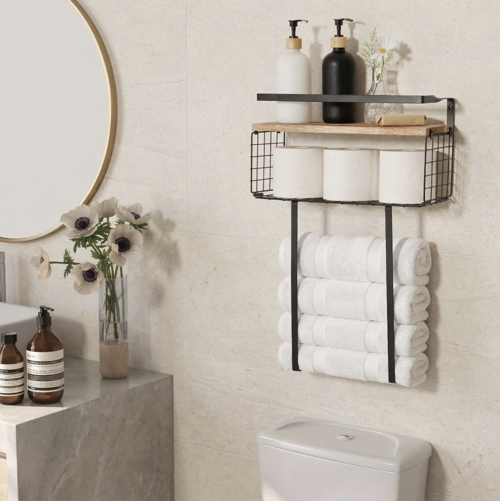 Wall Mounted Bathroom Towel Rack with Wood Floating Shelf
