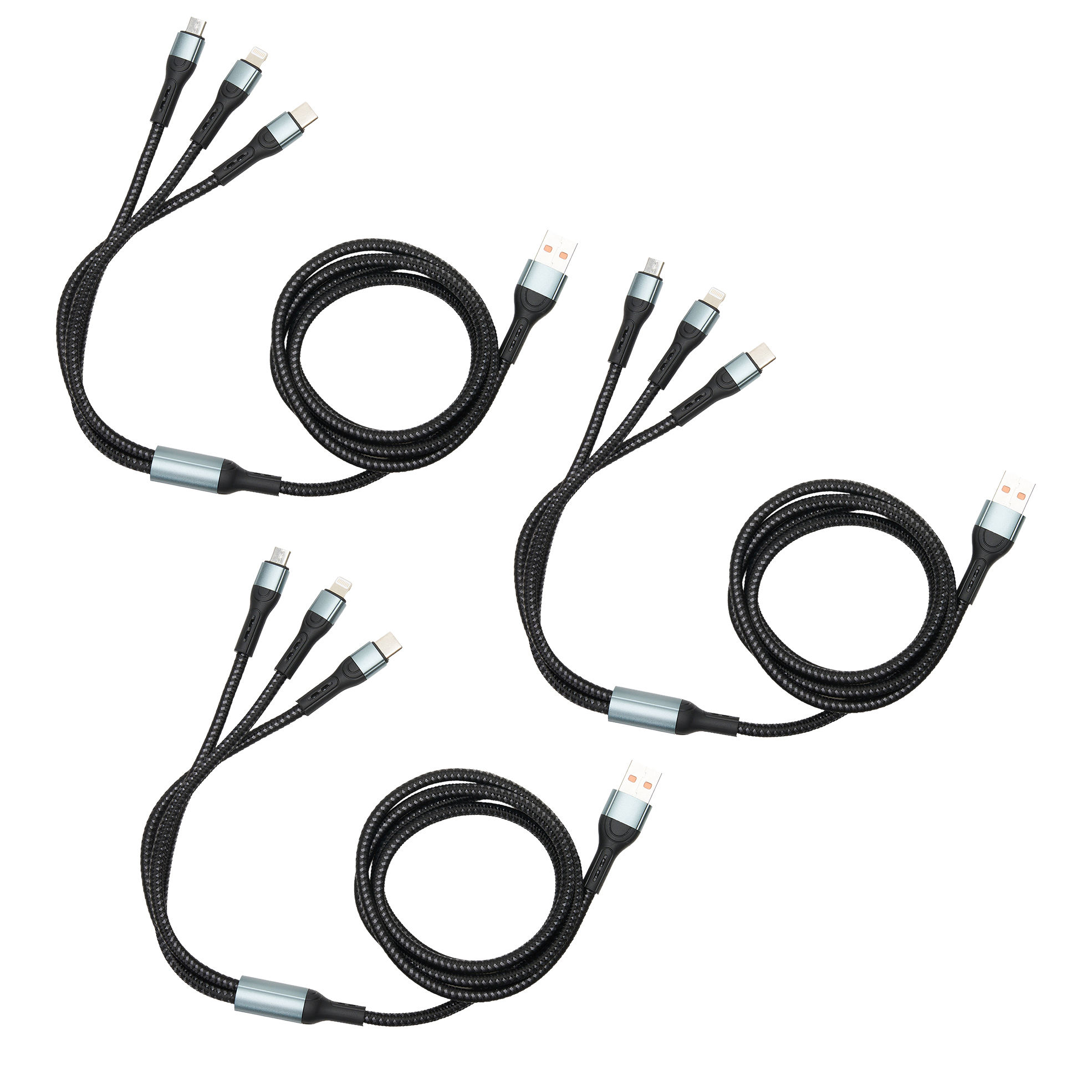 3x 3-in-1 6A Fast Charging Braided USB Data and Charging Cables