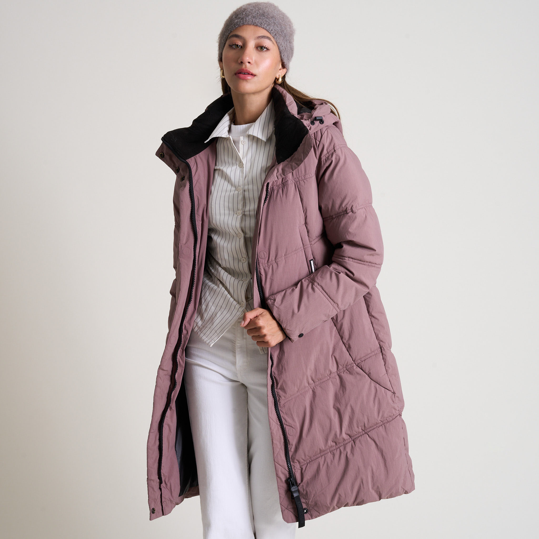 Ladies Longer Length Ski-Style Jacket with Hood and Front Zip Pockets